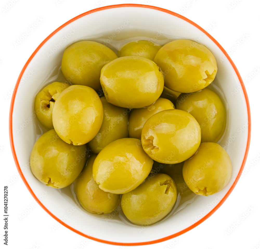 Bowl green natural pitted olives preserved isolated on a transparent background. Completely in focus. Top view. Bowl green natural pitted olives preserved isolated on a transparent background. Completely in focus. Top view.