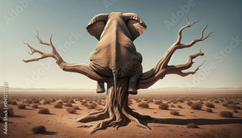 Surreal Digital Artwork of a Realistic Elephant Sitting on a Tree Branch in a Barren Desert Landscape with a Sunset Sky, Emphasizing Humor, Whimsy, and Detailed Realism