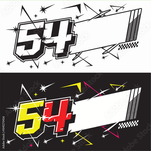 Outline black and painted 54 racing number. Isolated in black background, for t-shirt design, print. and for business purposes.