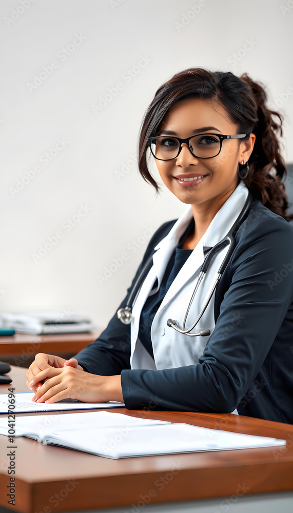 Professional specialist female doctor sitting at her office desk isolated with white highlights, png Professional specialist female doctor sitting at her office desk isolated with white highlights, png