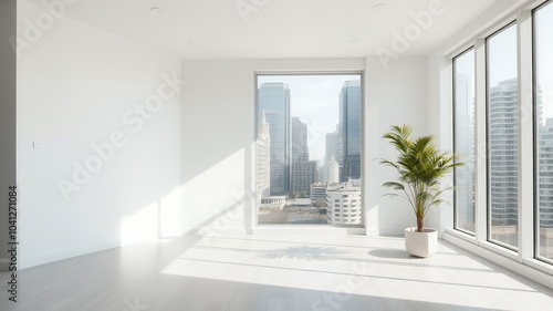 Minimalist interior with a view of the city