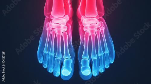 Anatomically accurate representation of human feet with highlighted bones in a vivid blue and red contrast on a dark background.