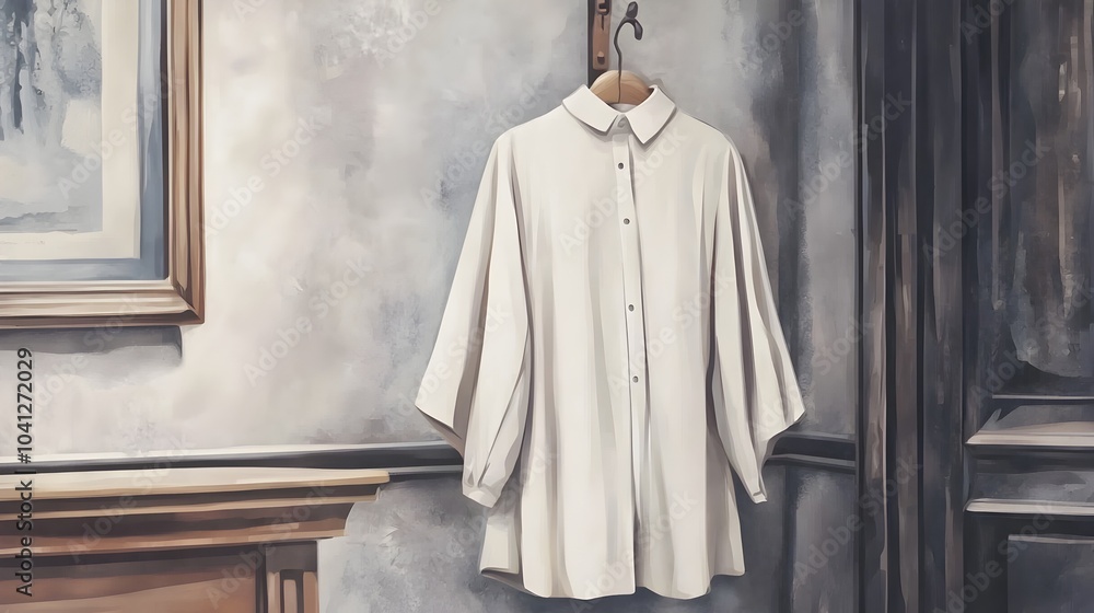 Naklejka premium A plain crisp white shirt with a clean collar hanging on a simple wooden hook showcasing a minimalist and contemporary fashion style