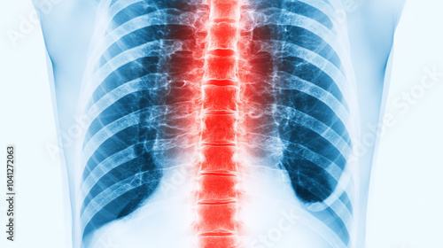 X-ray image of a human torso showcasing the spine and ribcage, highlighting the vertebral column in red against a blue background. photo