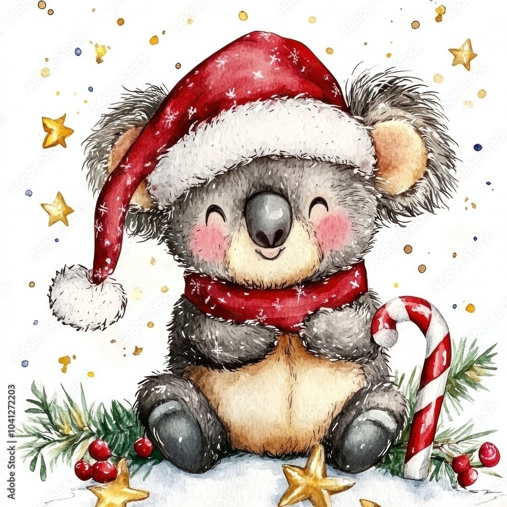 Christmas koala with candy cane, watercolor on white background. Holiday and wildlife. Christmas koala with candy cane, watercolor on white background. Holiday and wildlife.