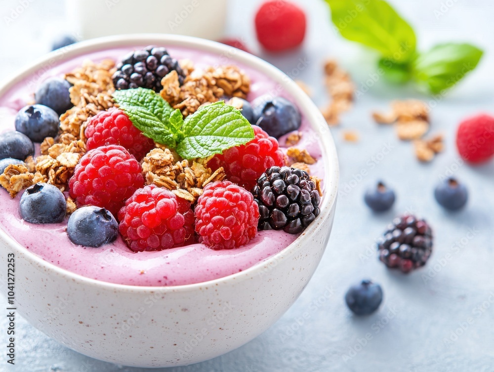 Healthy yogurt bowl topped with berries and granola on a light background. Healthy yogurt bowl topped with berries and granola on a light background.