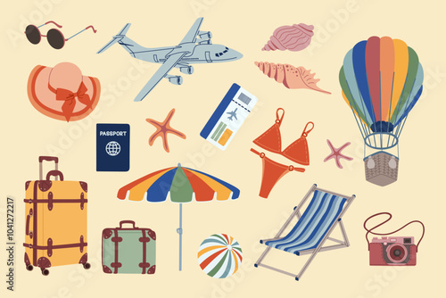 Set of elements for summer vacation or travel. Suitcase, camera, air balloon, airplane, swimsuit, seashell, umbrella.Hand drawn vector illustration isolated on light background, flat cartoon style.