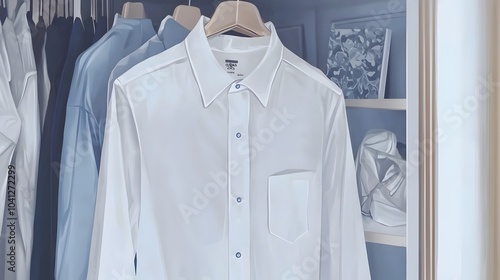 Minimalist photograph showcasing a crisp white formal shirt hanging neatly in an open closet setting creating a clean organized and professional backdrop for product display or styling