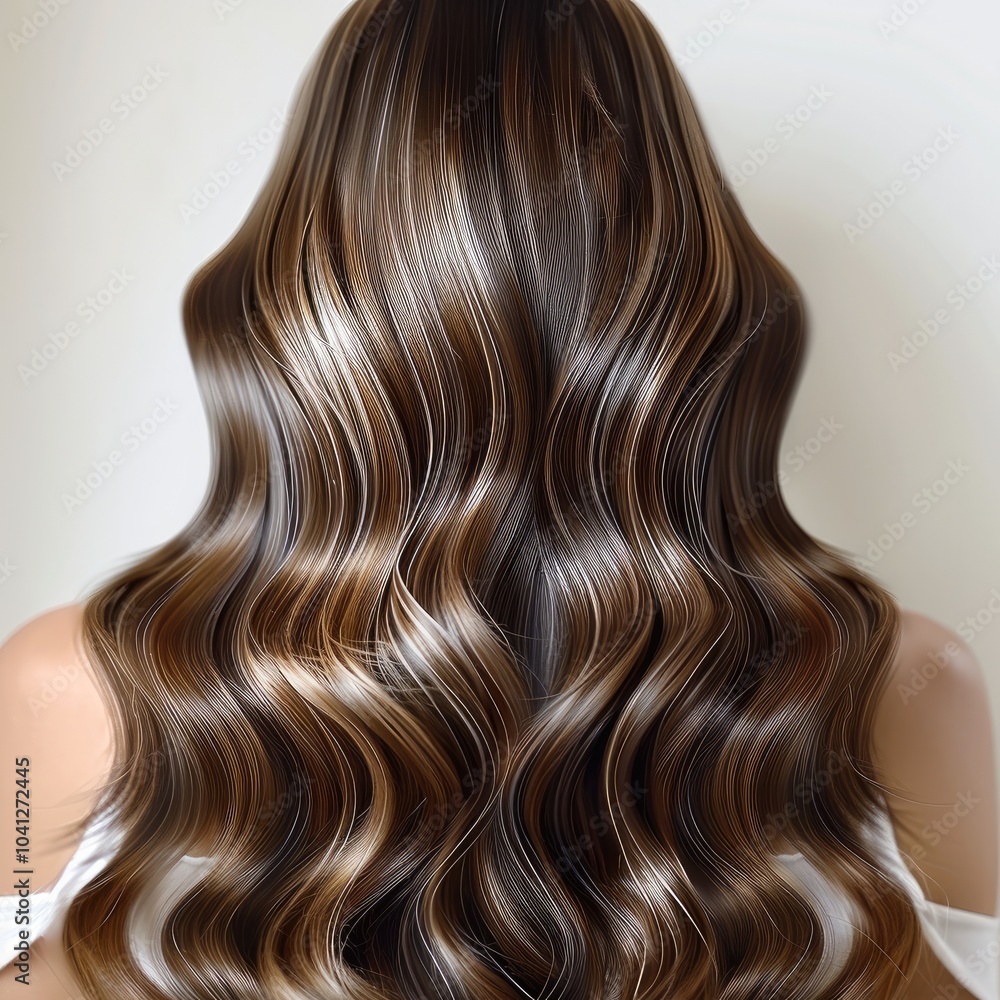 A close up of the hair, showing shiny and glossy wavy brown locks with highlights, creating an elegant and modern look on a white background. A close up of the hair, showing shiny and glossy wavy brown locks with highlights, creating an elegant and modern look on a white background.