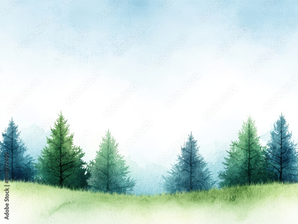 Fototapeta premium Lush green trees with a soft misty background in a serene natural landscape.
