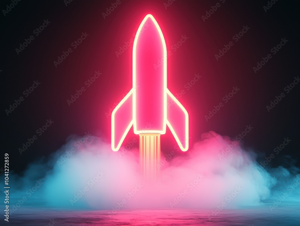 Fototapeta premium Neon rocket with colorful smoke, symbolizing innovation and space exploration against a dark background.