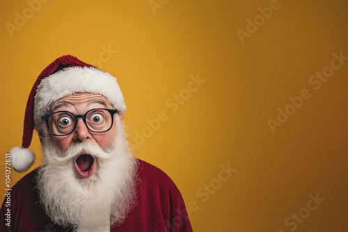 Astonished Santa in festive red and yellow setup. photo