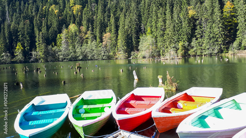 Colorful rowboats docked on a serene, forest-lined lake under clear skies.