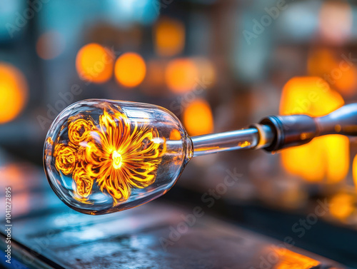 This image captures the intricate formation of glass as a glassblower shapes a luminous piece, highlighted by its warm glow and artistic floral design. photo