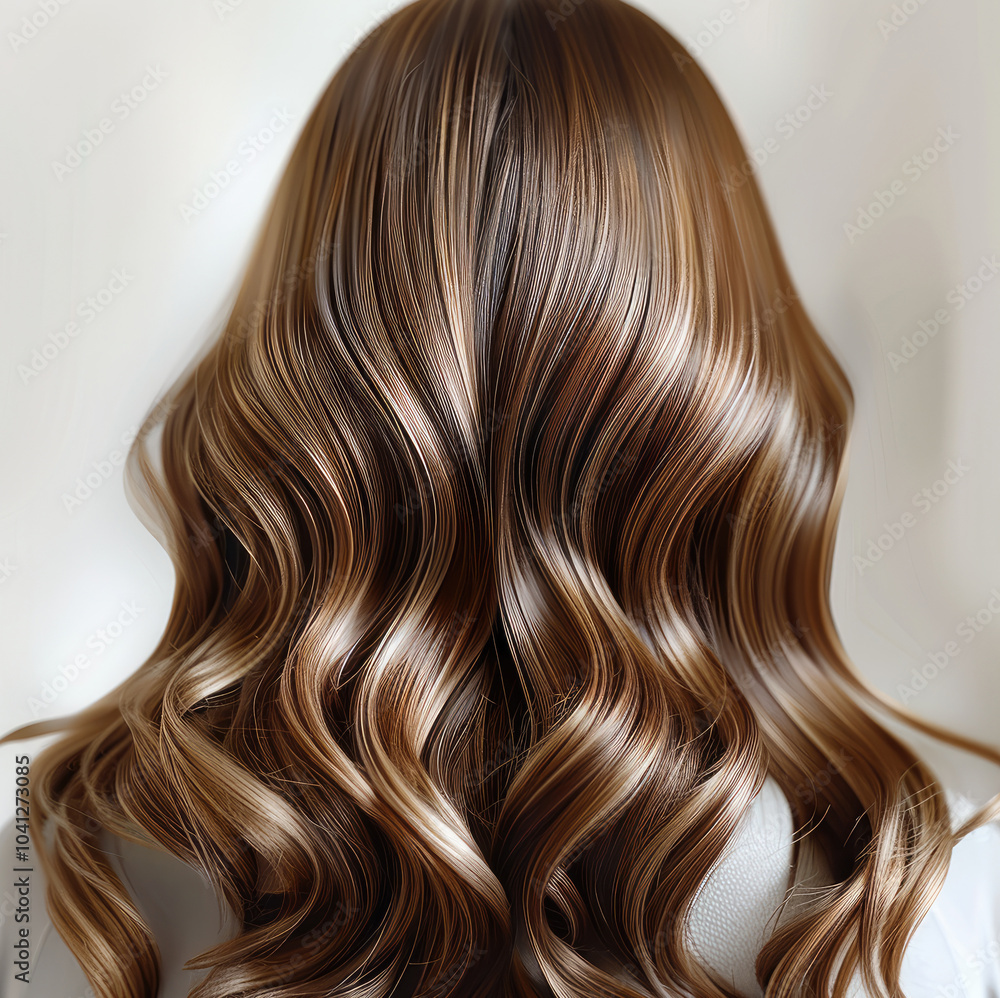 A close up of the hair, showing shiny and glossy wavy brown locks with highlights, creating an elegant and modern look on a white background. A close up of the hair, showing shiny and glossy wavy brown locks with highlights, creating an elegant and modern look on a white background.