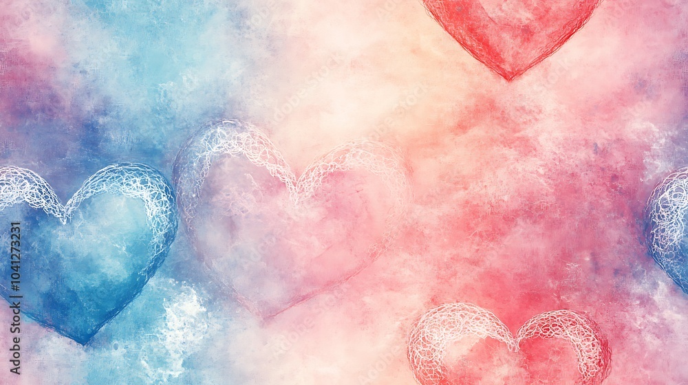 Fototapeta premium Watercolor pattern of lace hearts, soft pastel tones on a textured paper background, flowing brush strokes, artistic and romantic feel, hd quality, seamless integration. --ar 16:9 --tile