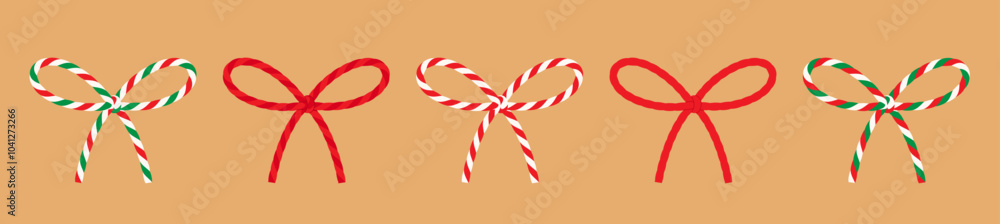 Set isolated on craft paper background сotton red, green rope bakers twine bow, ribbons for gift. Packing string for present, decoration, pastry boxes for Christmas, New Year, birthday. Vector EPS10 Set isolated on craft paper background сotton red, green rope bakers twine bow, ribbons for gift. Packing string for present, decoration, pastry boxes for Christmas, New Year, birthday. Vector EPS10