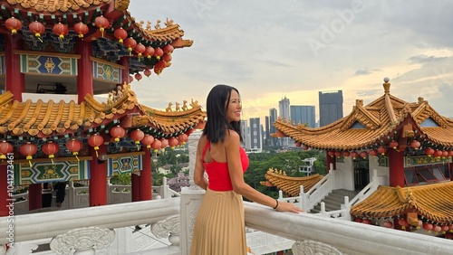 woman in a chinese temple roof