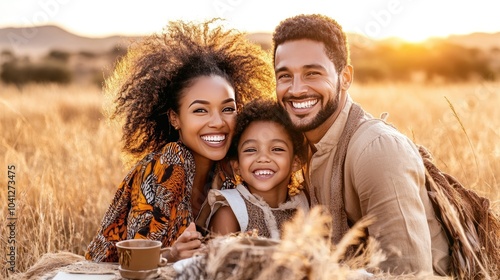 A joyful family dressed in vibrant traditional South African attire, enjoying a meal together around a table on Heritage Day.