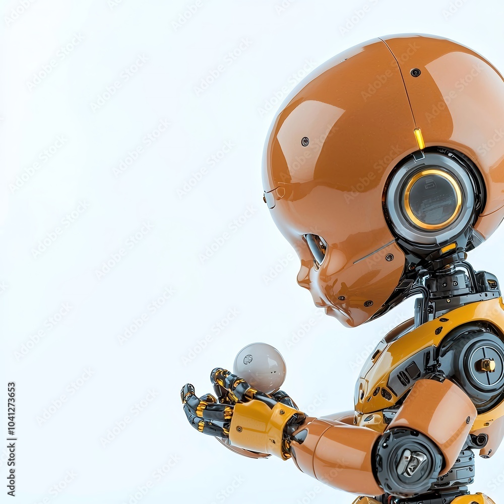 A close-up of a baby robot holding a small object, showcasing intricate details of its mechanical arms and soft, rounded features. The minimalist white background enhances the focus on the robots A close-up of a baby robot holding a small object, showcasing intricate details of its mechanical arms and soft, rounded features. The minimalist white background enhances the focus on the robots