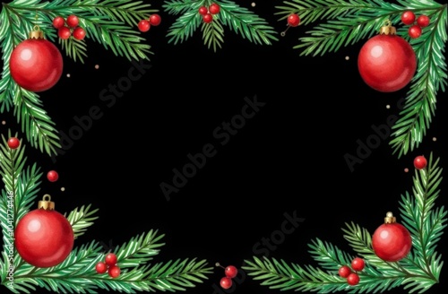 Watercolor Garland border frame made of pine twig, spruce branch, christmas balls and red berries on black background. Christmas and New Year Greeting card. Watercolor holiday illustration 