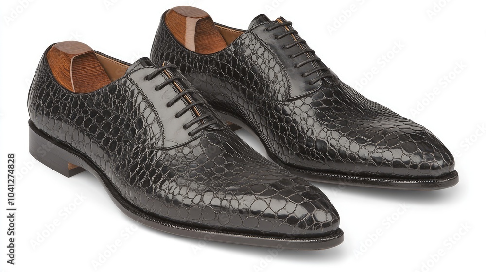 A pair of sleek black crocodile-patterned dress shoes displayed on a clean white backdrop, highlighting their premium design. A pair of sleek black crocodile-patterned dress shoes displayed on a clean white backdrop, highlighting their premium design.