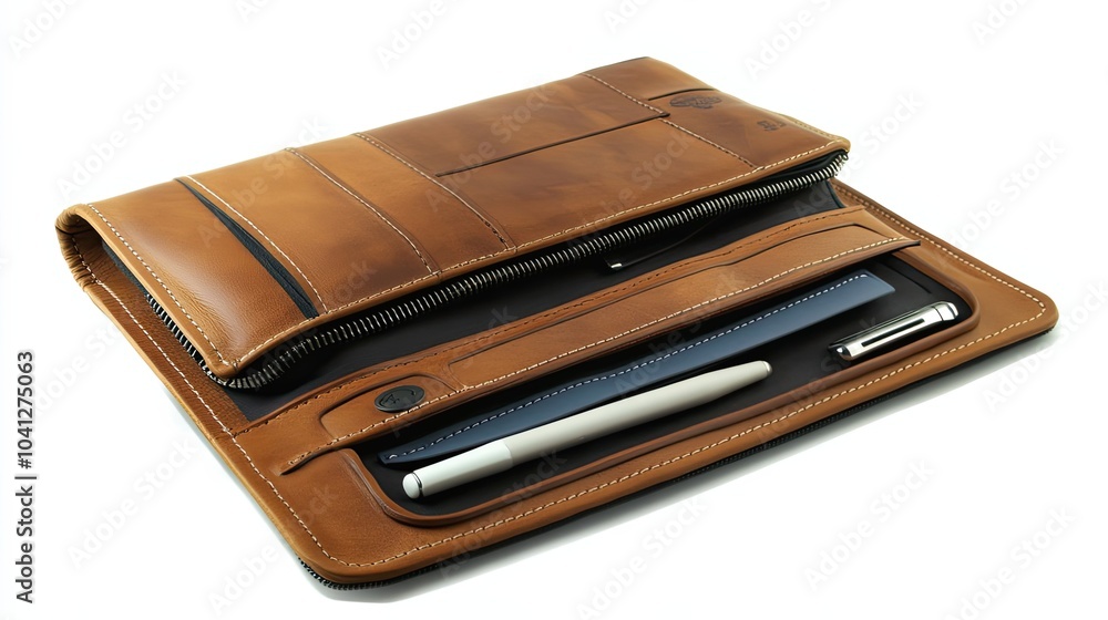 Open Brown Leather Wallet With Pen and Card Inside Open Brown Leather Wallet With Pen and Card Inside