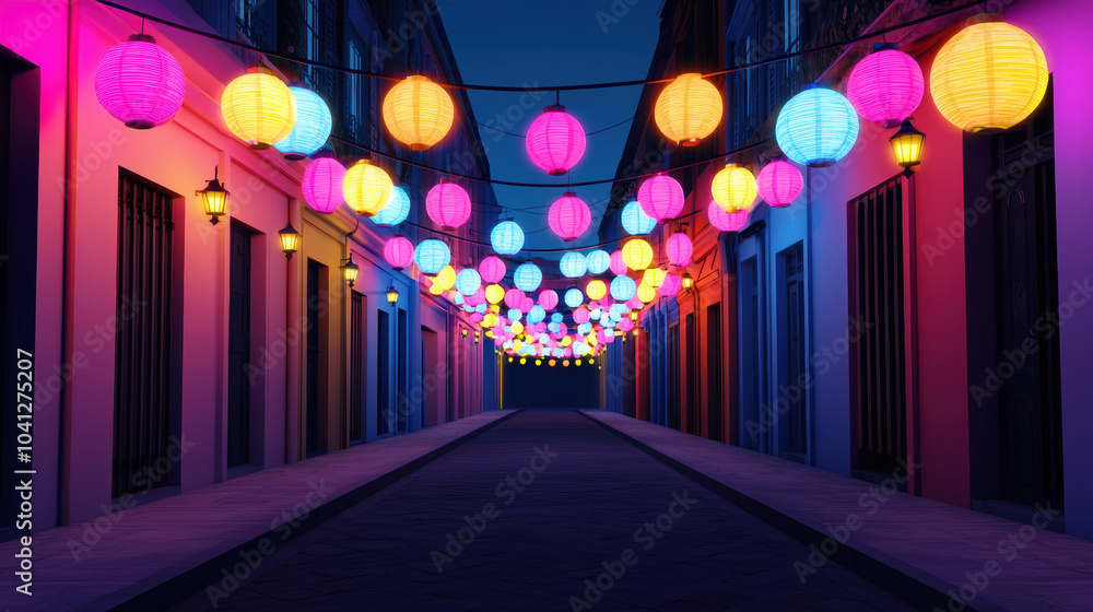 A vibrant alleyway illuminated by colorful lanterns against a dark sky, creating a festive and enchanting atmosphere. A vibrant alleyway illuminated by colorful lanterns against a dark sky, creating a festive and enchanting atmosphere.