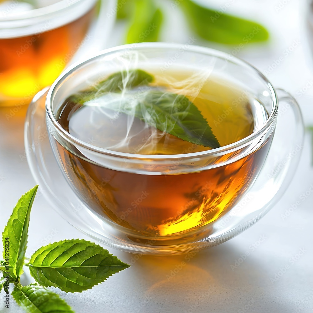 A close-up of a teacup with rich green tea, highlighting the subtle steam and the warm reflections on the surface. The setup is minimalist on a clean white background, perfect for high-end tea A close-up of a teacup with rich green tea, highlighting the subtle steam and the warm reflections on the surface. The setup is minimalist on a clean white background, perfect for high-end tea