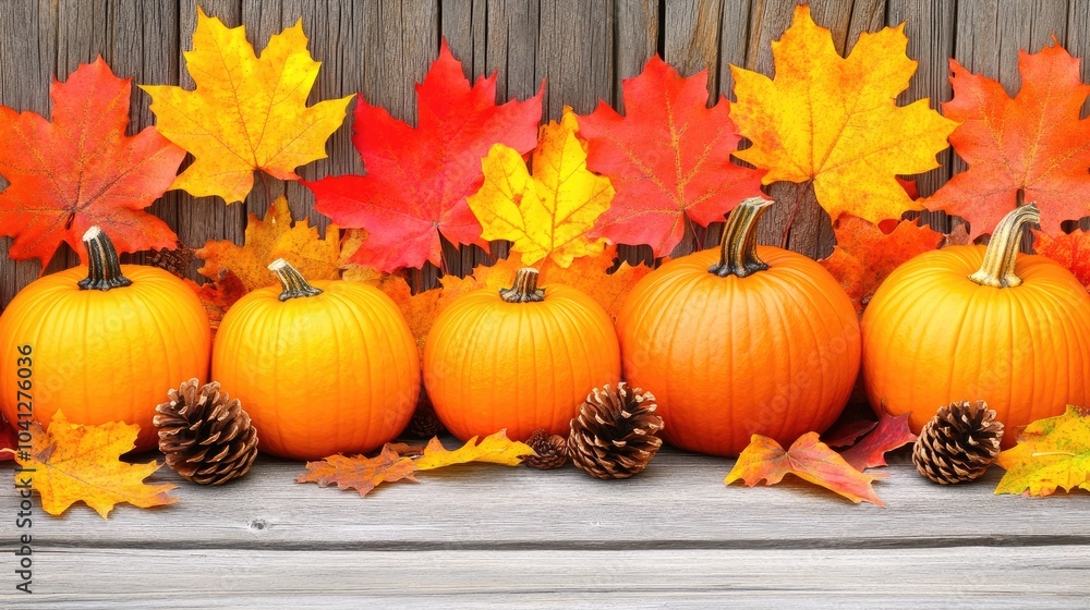 A rustic wooden floor decorated with fall-themed items like leaves, pinecones, and pumpkins, celebrating the beauty of autumn. A rustic wooden floor decorated with fall-themed items like leaves, pinecones, and pumpkins, celebrating the beauty of autumn.