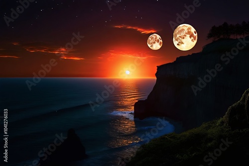 cliffside with twin moons steep cliffs drop off into the ocean w photo