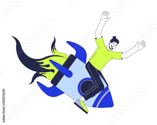 Caucasian man falling down on rocket 2D cartoon character. Startup failed. Business failure. Guy collapsing on space shuttle isolated person flat vector on white background. Spot illustration colorful