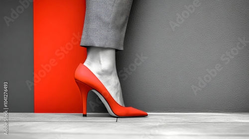 A confident woman in a stylish suit holds red high heels against a striking black and white color block backdrop, symbolizing modern business fashion photo