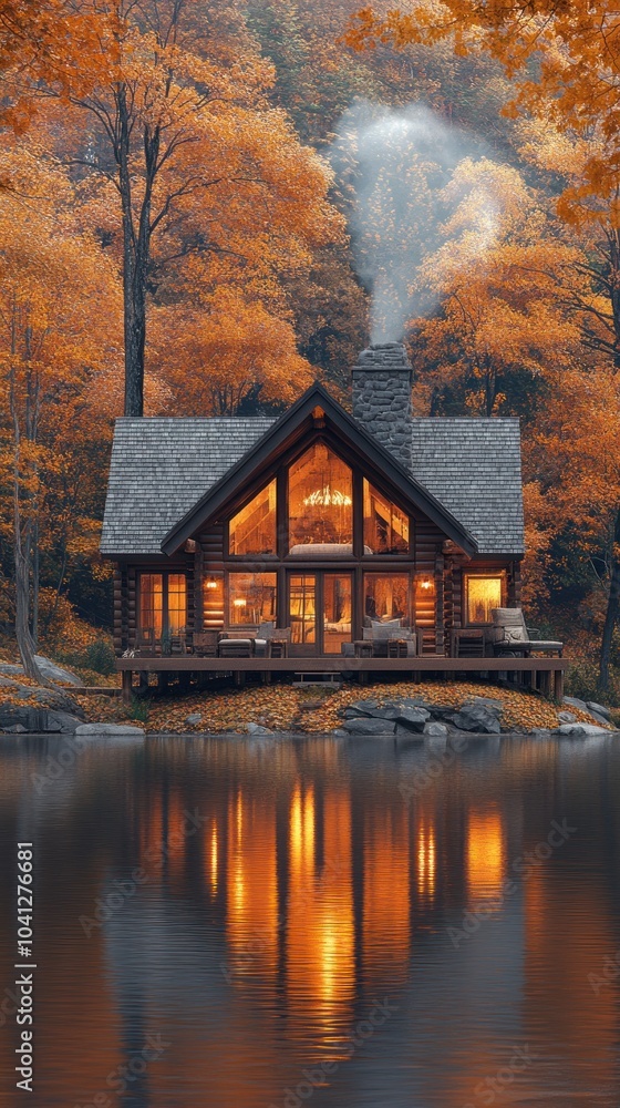 Fototapeta premium Cabin in the Woods with Autumn Leaves and Lake Reflection - Realistic 3D Illustration