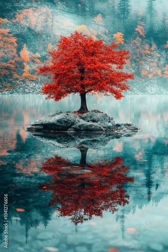 A solitary red tree on a small island in a misty lake, reflected in the calm water. photo