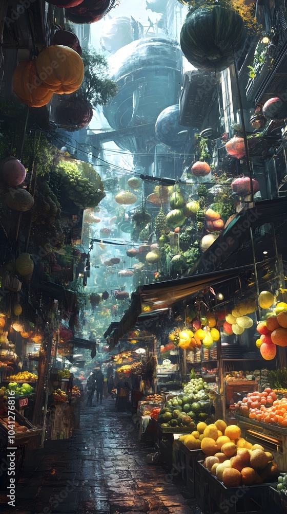 Fototapeta premium Futuristic City Market with Fruit and Produce