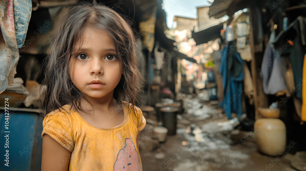A young girl gazes thoughtfully while standing in a slum area, surrounded by makeshift homes and natural light, reflecting her challenging reality A young girl gazes thoughtfully while standing in a slum area, surrounded by makeshift homes and natural light, reflecting her challenging reality