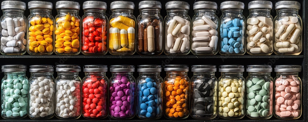 custom made wallpaper toronto digitalColorful jars filled with assorted pills and capsules, neatly arranged on a shelf.