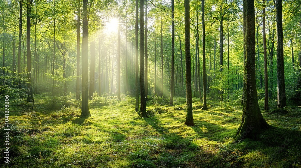 Fototapeta premium Serene Forest Scene with Sunlight and Lush Greenery