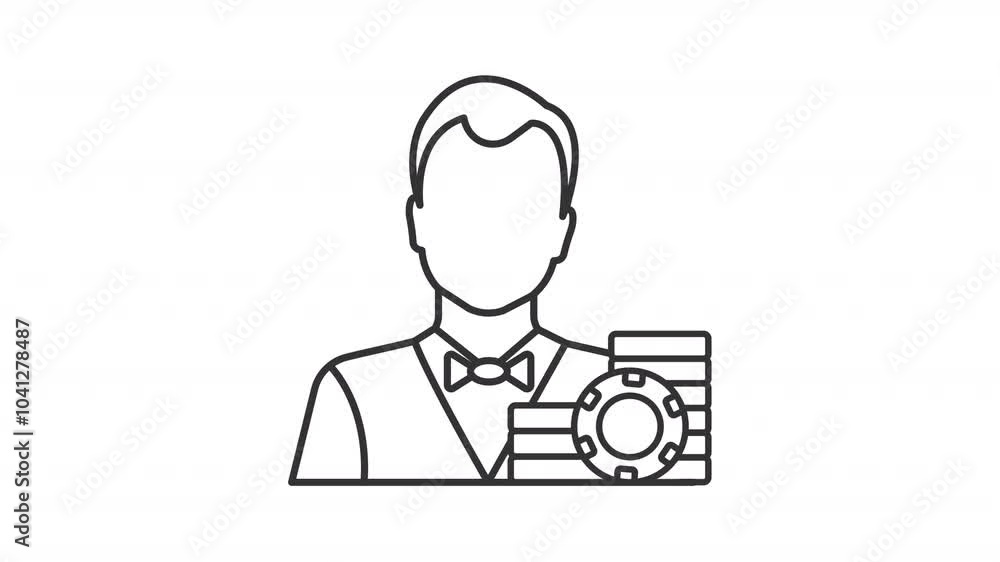 Croupier line animation. Casino dealer animated icon. Shaking head. Rolling poker chip. Gambling, blackjack. Black illustration on white background. HD video with alpha channel. Motion graphic Croupier line animation. Casino dealer animated icon. Shaking head. Rolling poker chip. Gambling, blackjack. Black illustration on white background. HD video with alpha channel. Motion graphic