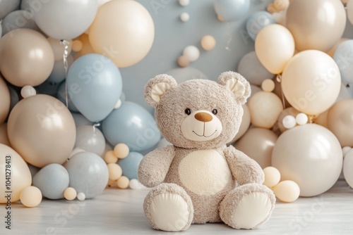 Cute teddy bear with colorful balloons background photo