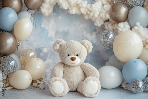 Fluffy teddy bear sitting with festive balloon decor photo