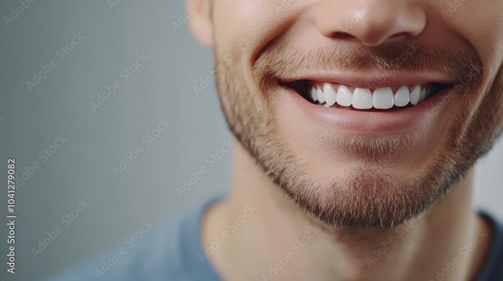 Closeup of a smiling man's mouth with a light beard Closeup of a smiling man's mouth with a light beard