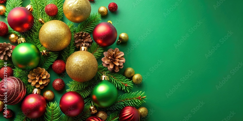 Festive holiday adornments on a bright green canvas, providing an ideal blank space for creative designs and layouts. Illuminate your seasonal celebrations with custom themes. Festive holiday adornments on a bright green canvas, providing an ideal blank space for creative designs and layouts. Illuminate your seasonal celebrations with custom themes.