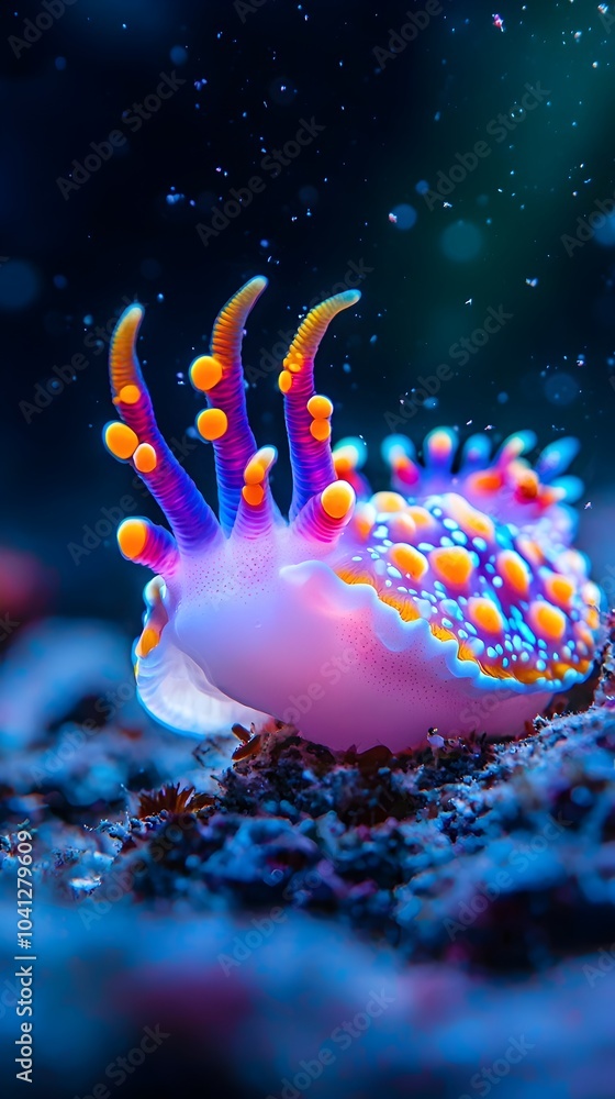Fototapeta premium Vibrant Neon Nudibranch Crawling Along the Mysterious Ocean Floor