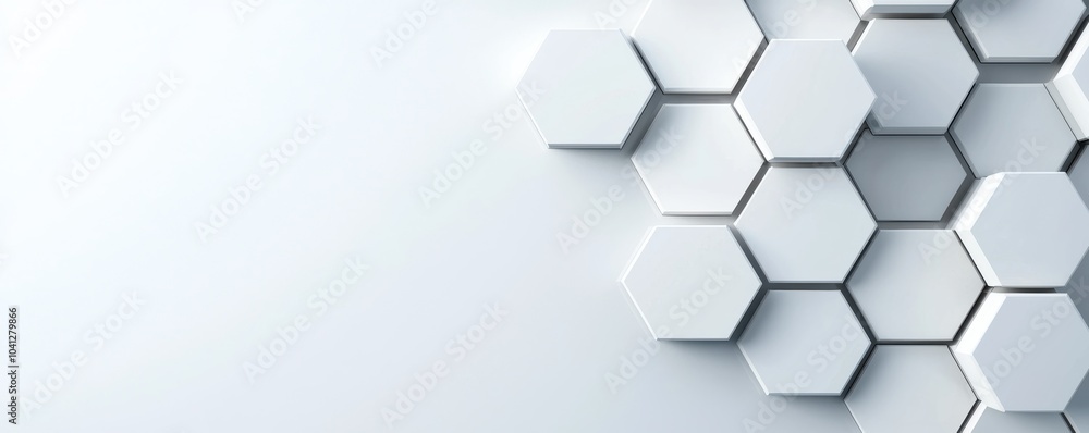 Hexagonal shapes with a smooth white surface, ideal for modern design backgrounds. Hexagonal shapes with a smooth white surface, ideal for modern design backgrounds.