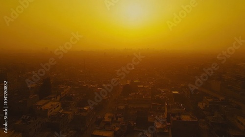 A hazy sunset over a sprawling urban landscape, casting an orange glow.