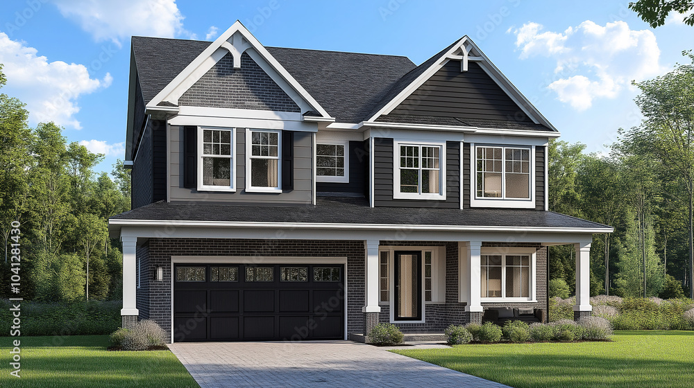 Stunning new home exterior with two-car garage and covered porch on a glorious sunny day. A perfect blend of modern architecture and natural beauty