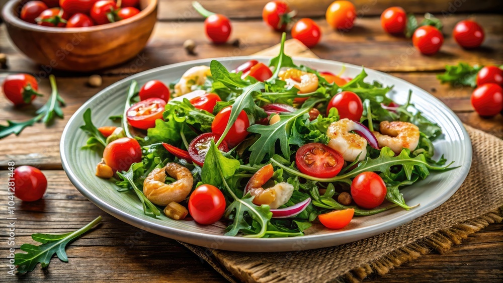 Fresh Arugula Shrimp Salad with Cherry Tomatoes on White Plate for Culinary Photography Fresh Arugula Shrimp Salad with Cherry Tomatoes on White Plate for Culinary Photography