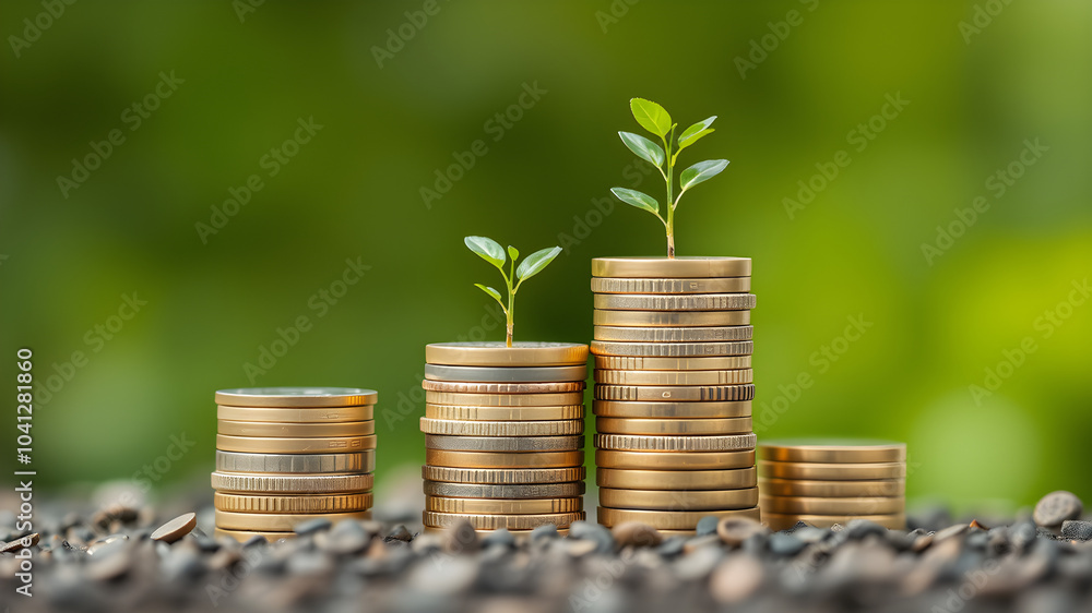 Plant growing on stacks of coins against a green background, symbolizing investment, growth, and financial success Plant growing on stacks of coins against a green background, symbolizing investment, growth, and financial success